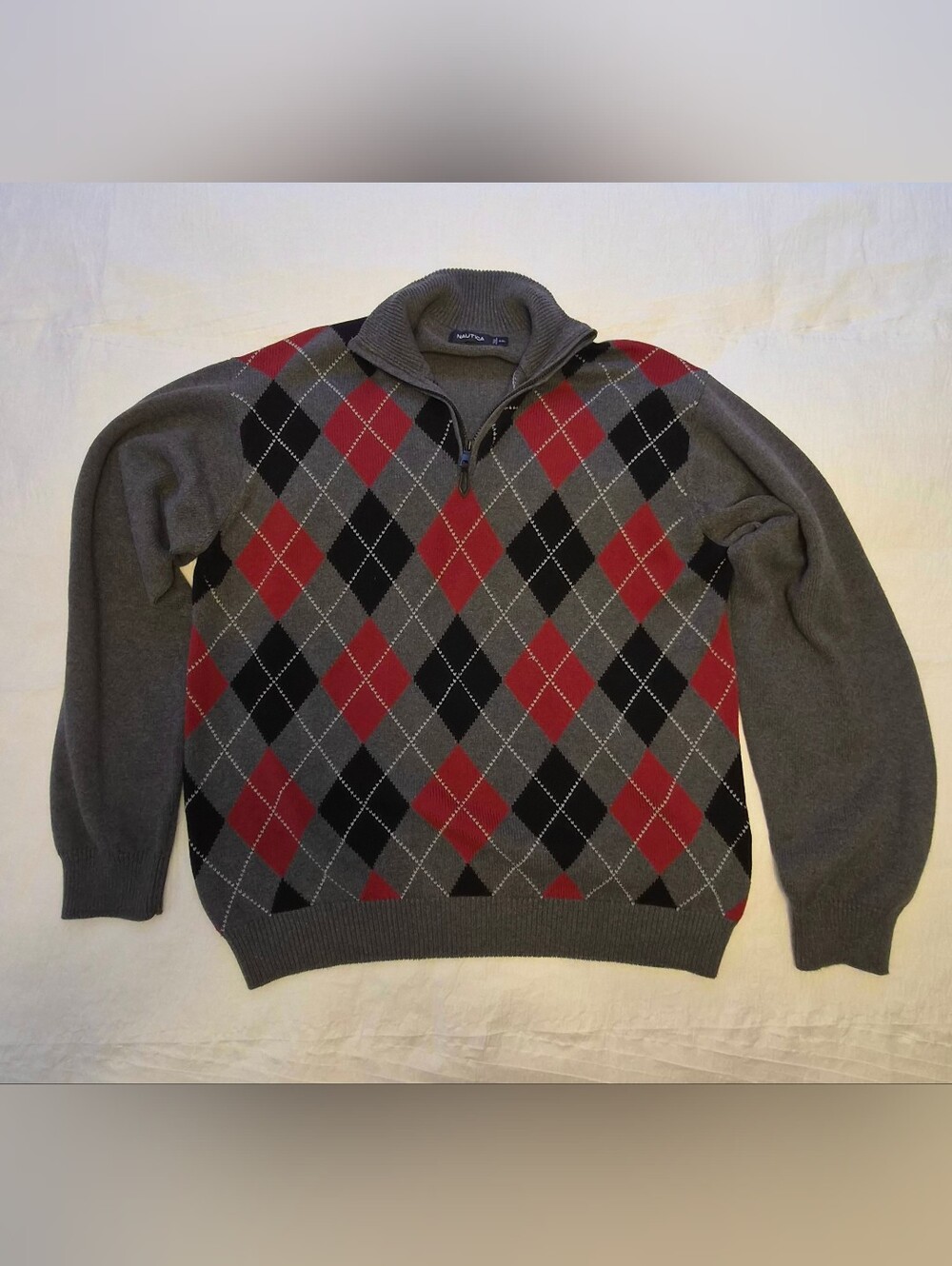 Nautica Men’s Gray, Red & Black Argyle Half-Zip Sweater